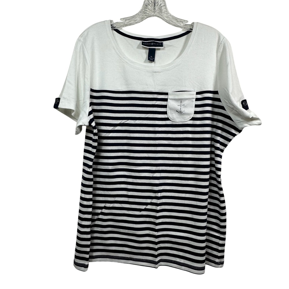 Karen Scott XL White Navy Blue Striped Anchor Rhinestone Pocket T-Shirt Cotton